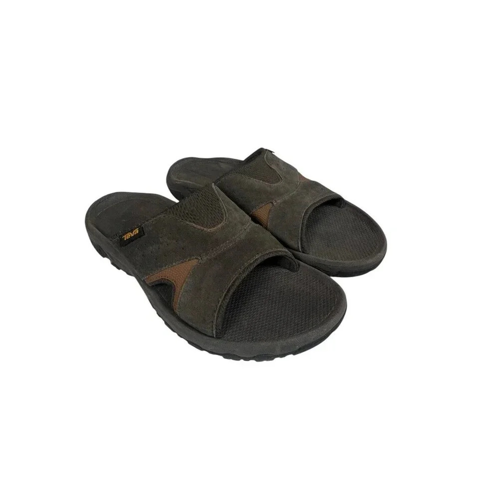 Teva Men's Size 9 Pajaro Brown Gray Leather Slides Flip Flop Sandals 1019195